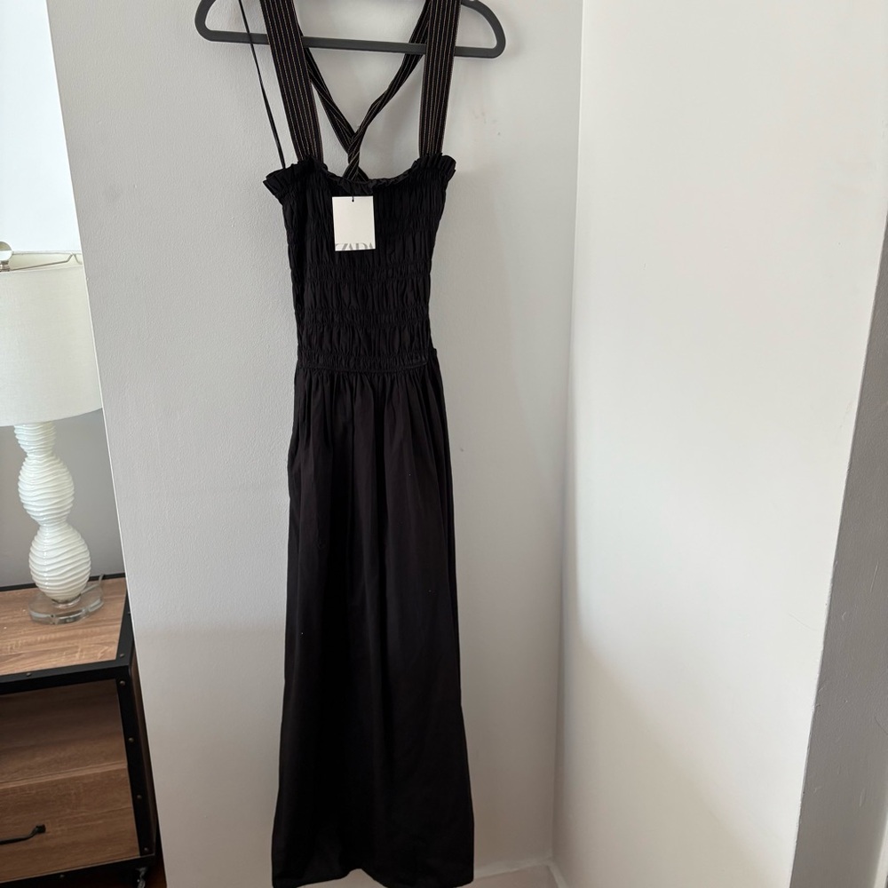 ZARA Topstitched Black Midi Dress with Pockets 100% Cotton Size M NWT - Picture 10 of 15